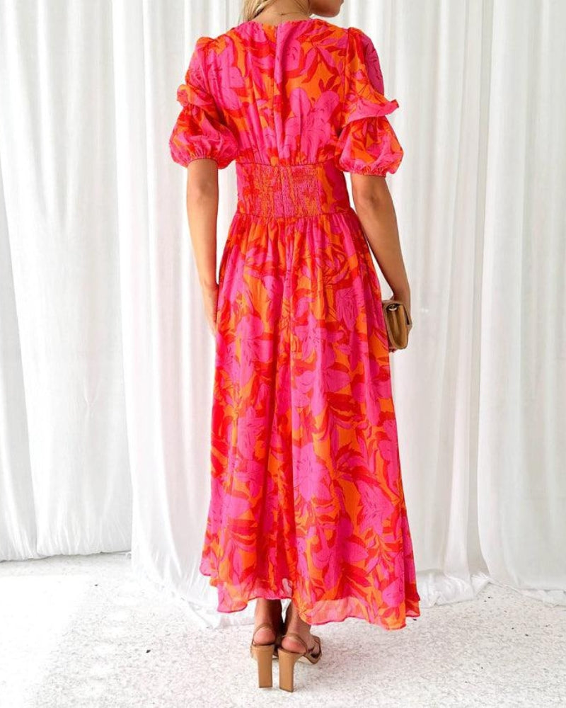 Alva - Elegante Abito Maxi con Scollatura a V e Maniche a Palloncino
