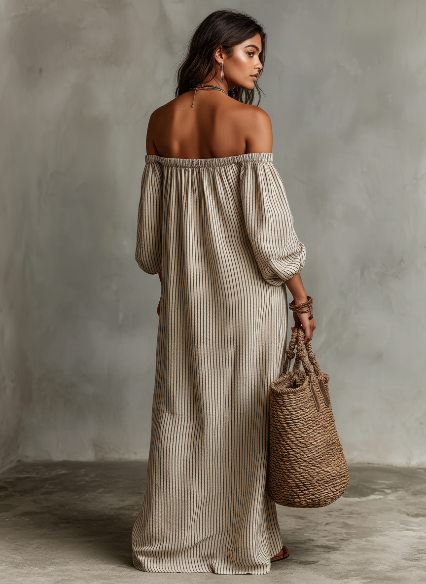 Carmen | Abito lungo in cotone e lino con spalle scoperte
