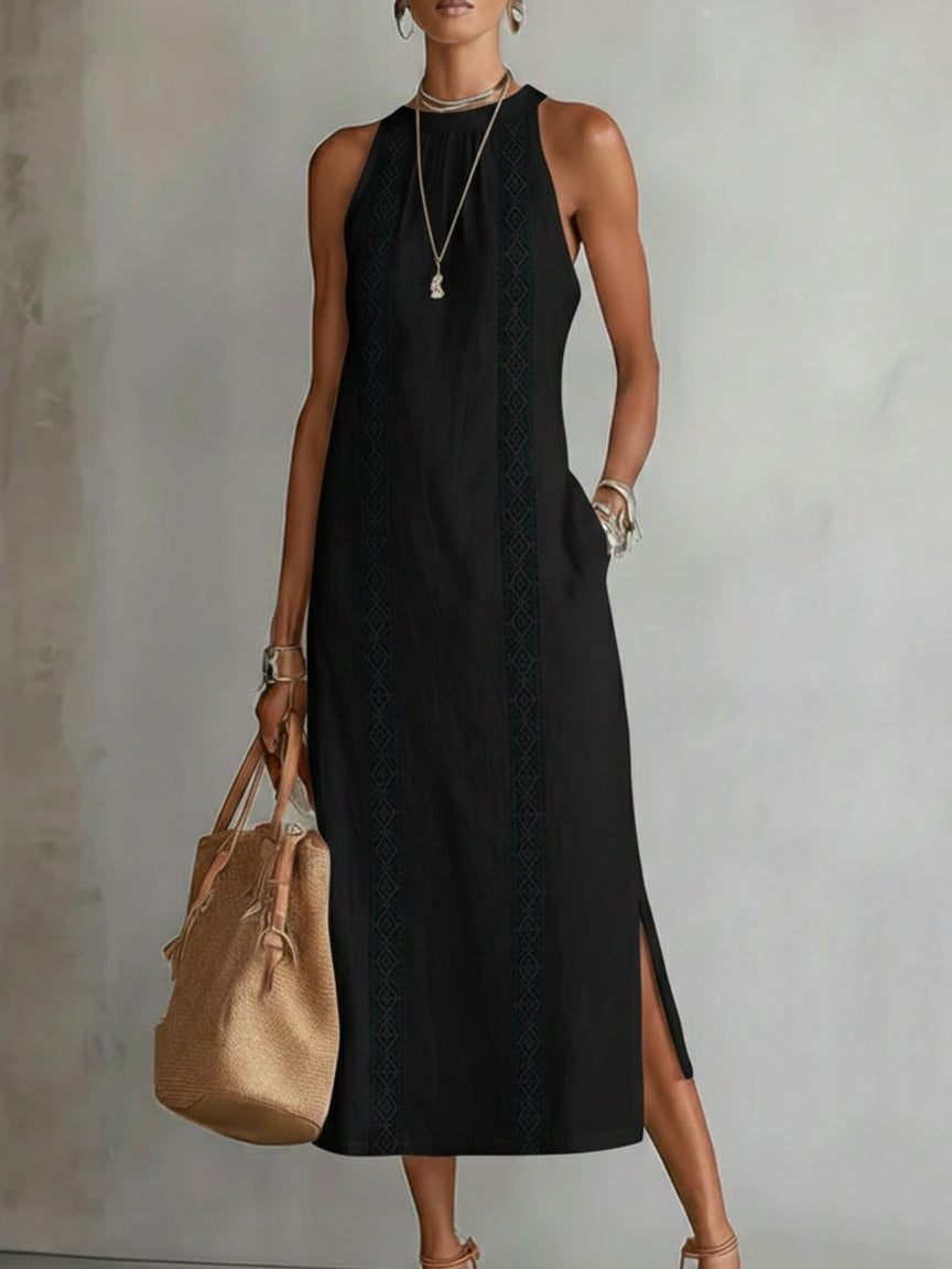 Alessia | Vestito midi in lino con colletto mao