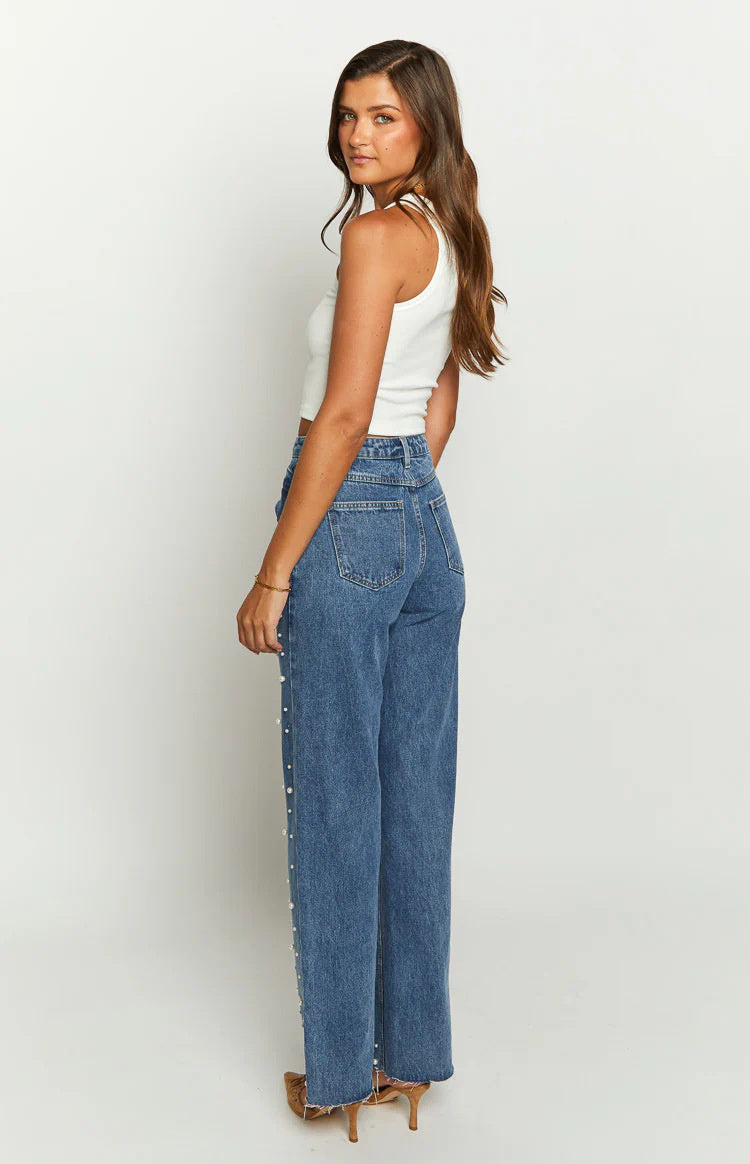 Sofia™ | Celeste - Jeans con Perle di Lusso
