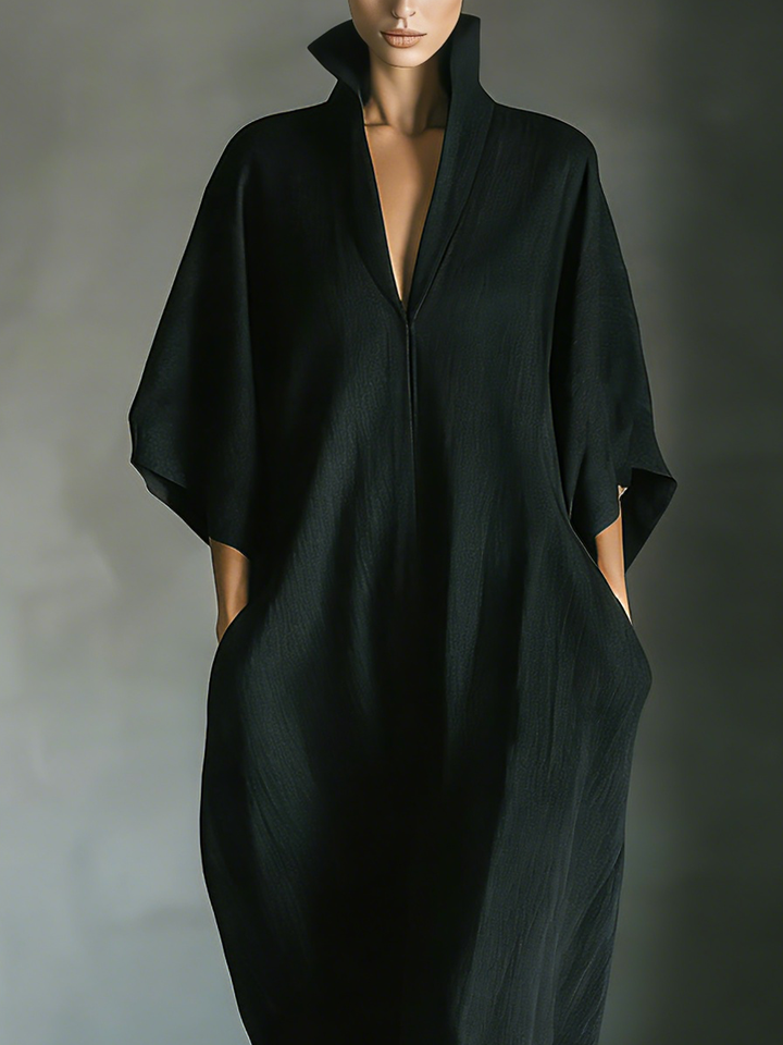 Abito Maxi Nero in Tessuto Misto Cotone da Donna con Maniche a Kimono e Tasche MDZ0577A3T
