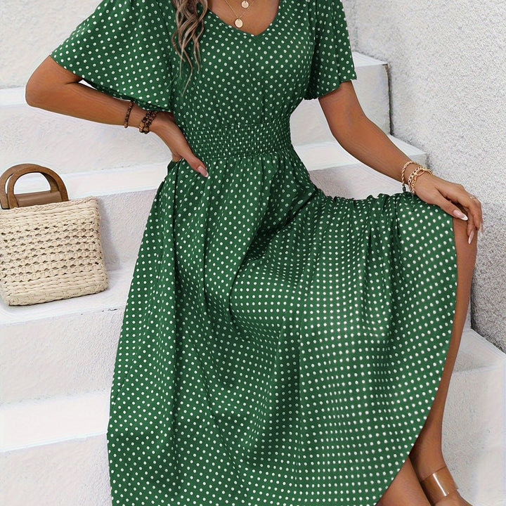 Chic Pink Polka Dot Midi Dress for Women - Casual V-Neck, Ruffle Sleeves, Cinched Waist Design, Lightweight Polyester, Perfect for Spring/Summer, Machine Washable