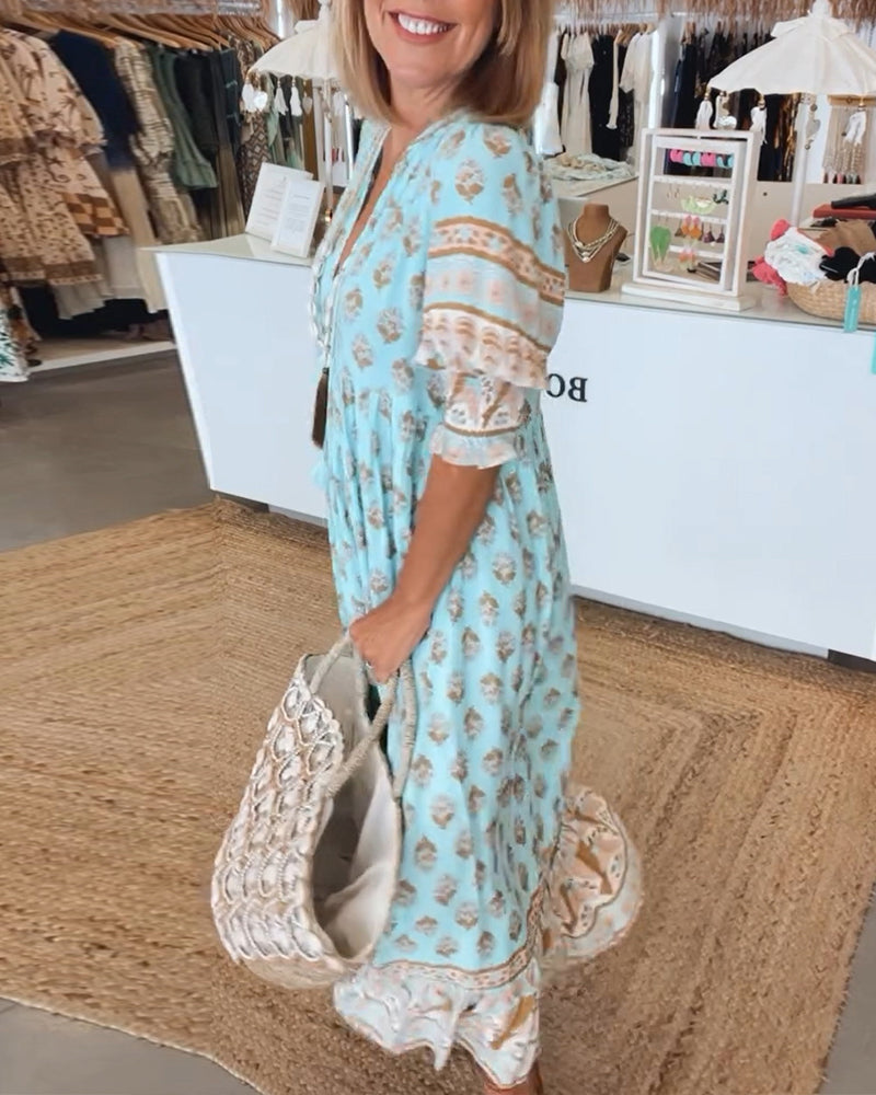 GIULIA | Abito Midi Stampato con Scollo a V e Maniche a Palloncino Eleganti