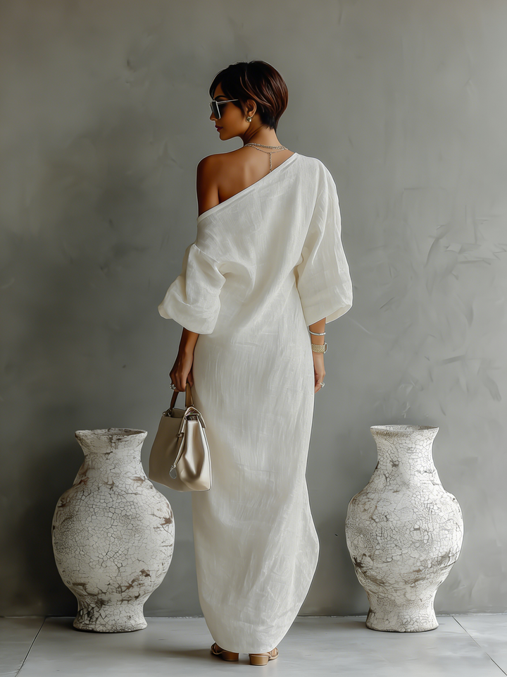 Abito Elegante Fluttuante in Cotone-Lino Bianco Avorio da Donna con Spalla Scoperta MDA3032K4T