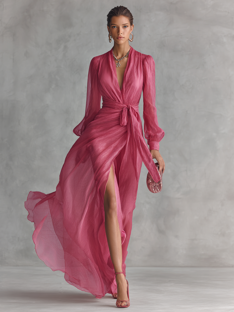 Abito lungo elegante da donna in chiffon rosa perlato con scollo a V e cintura MDZ1925A7BA