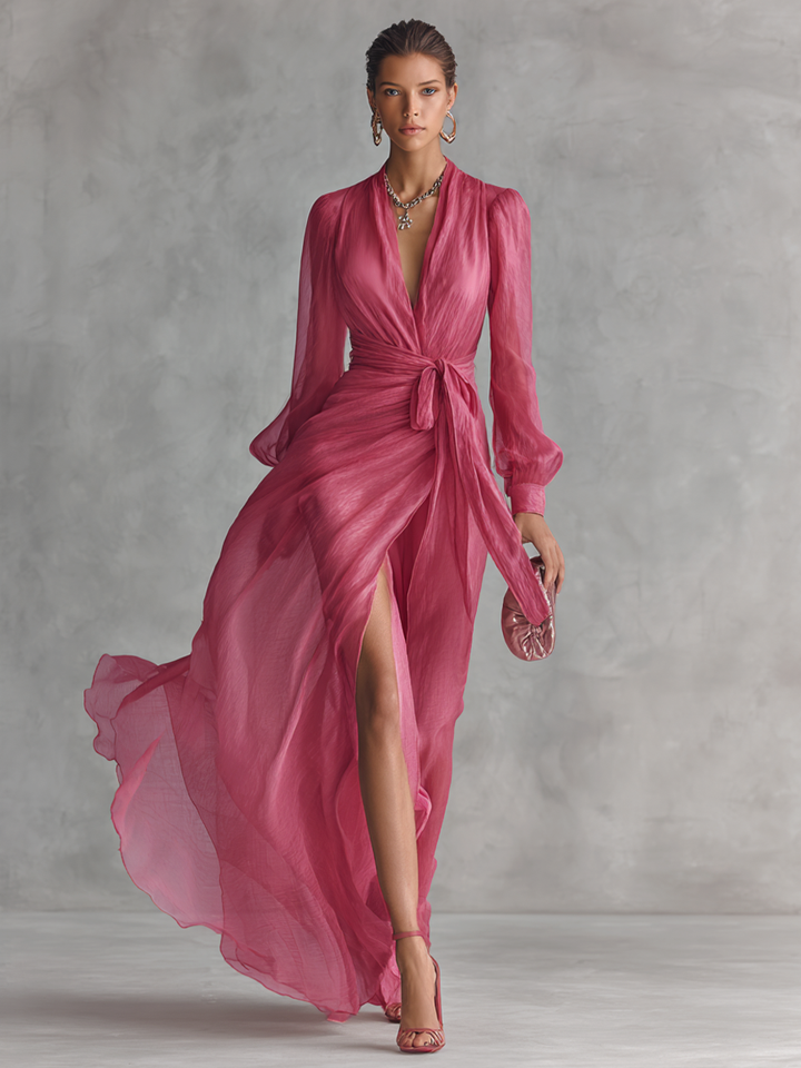 Abito lungo elegante da donna in chiffon rosa perlato con scollo a V e cintura MDZ1925A7BA