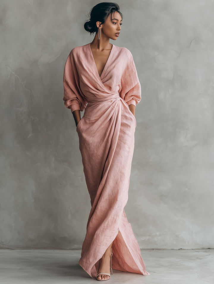 Abito Maxi Minimalista Rosa con scollo a V in lino misto per Donna