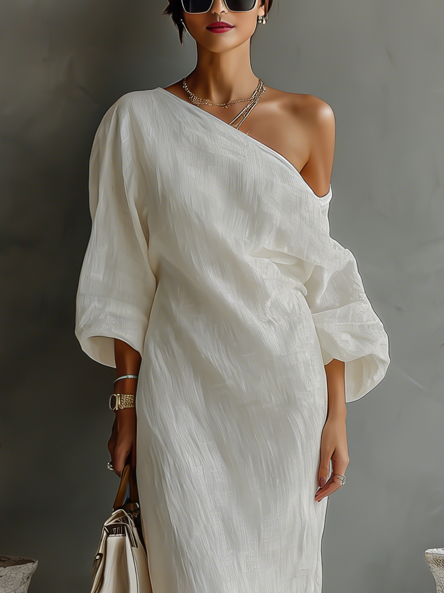 Abito Elegante Fluttuante in Cotone-Lino Bianco Avorio da Donna con Spalla Scoperta MDA3032K4T