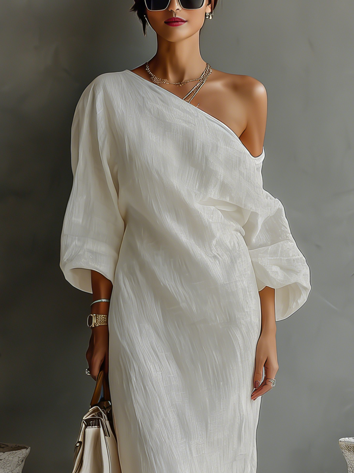 Abito Elegante Fluttuante in Cotone-Lino Bianco Avorio da Donna con Spalla Scoperta MDA3032K4T