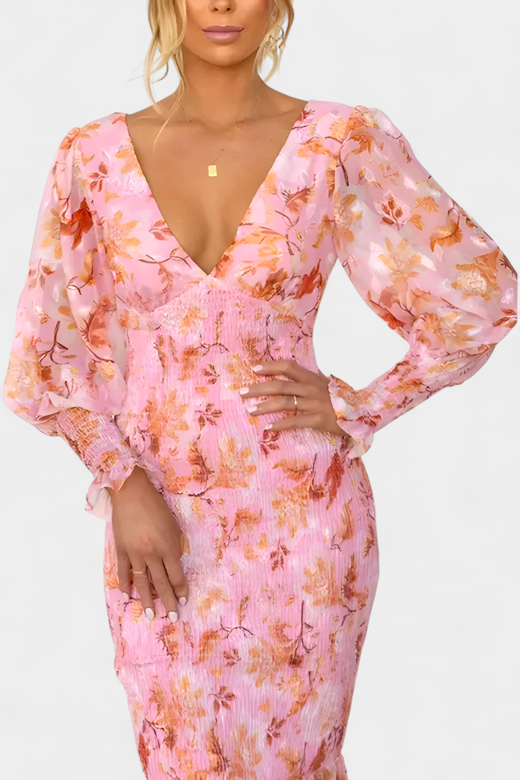 Carly Vestito Floreale con Cintura Arricciata e Maniche Lunghe