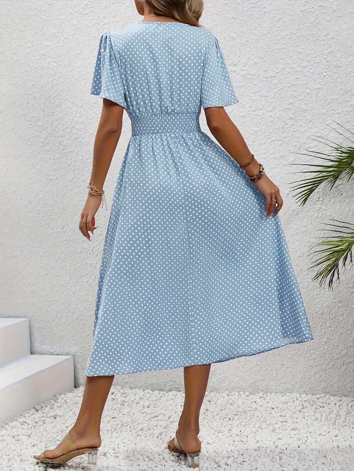 Chic Pink Polka Dot Midi Dress for Women - Casual V-Neck, Ruffle Sleeves, Cinched Waist Design, Lightweight Polyester, Perfect for Spring/Summer, Machine Washable