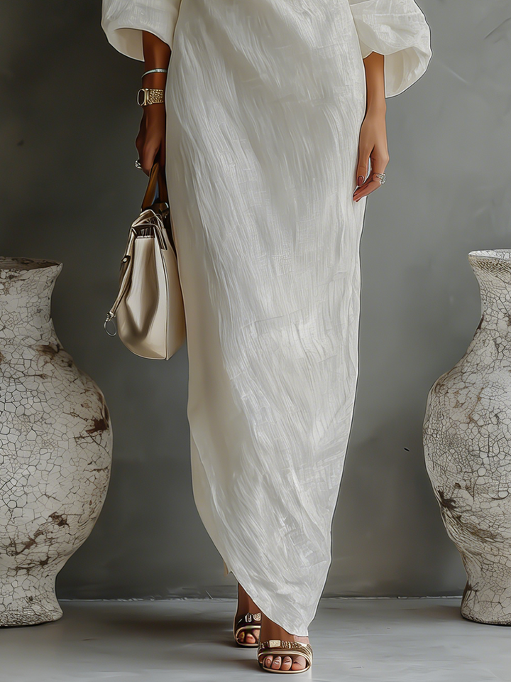 Abito Elegante Fluttuante in Cotone-Lino Bianco Avorio da Donna con Spalla Scoperta MDA3032K4T