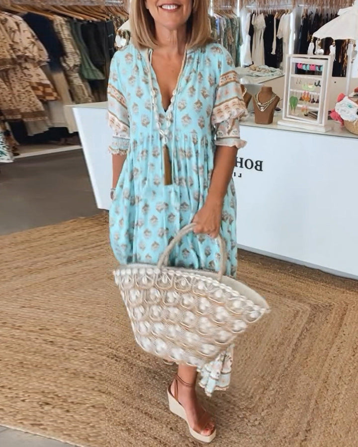 GIULIA | Abito Midi Stampato con Scollo a V e Maniche a Palloncino Eleganti