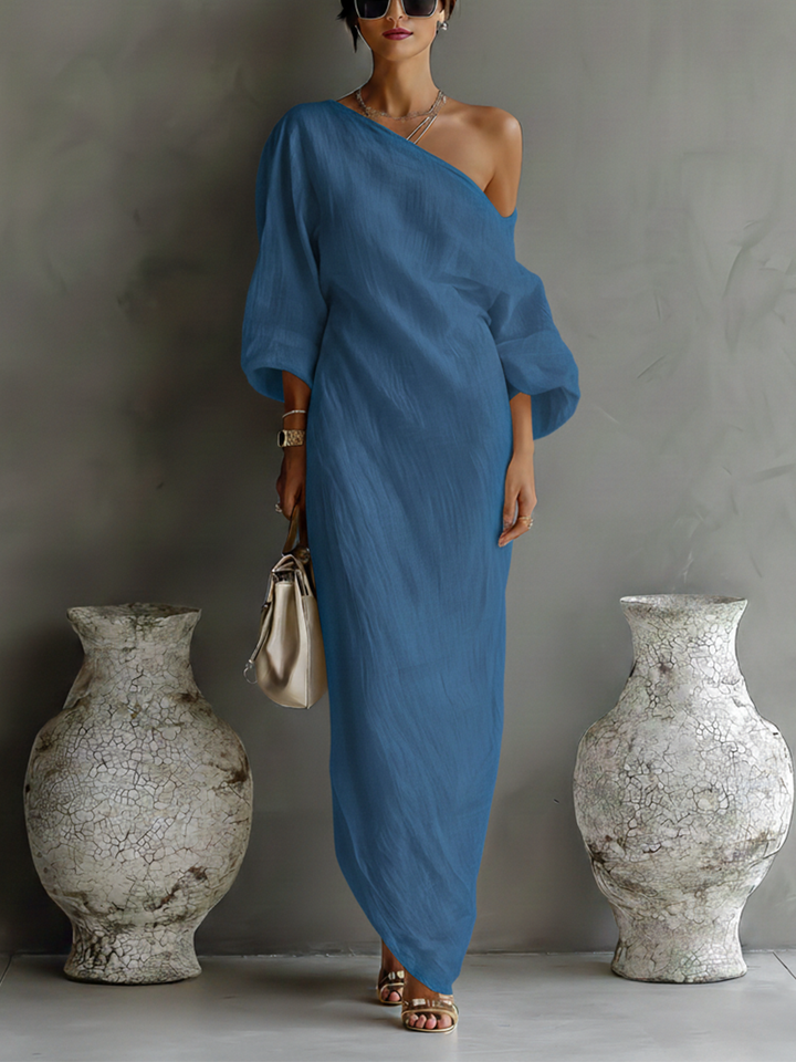 Abito Elegante Fluttuante in Cotone-Lino Bianco Avorio da Donna con Spalla Scoperta MDA3032K4T