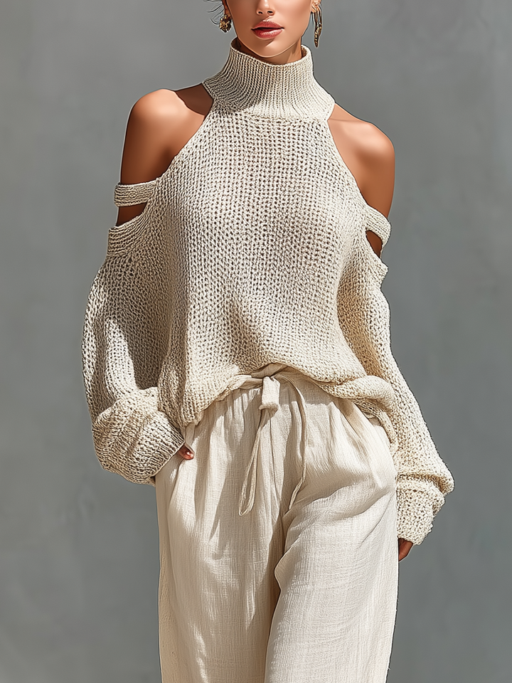 Top a Collo Alto in Maglia Beige con Spalle Scoperte e Pantaloni a Gamba Larga da Donna MDZ0984A5T