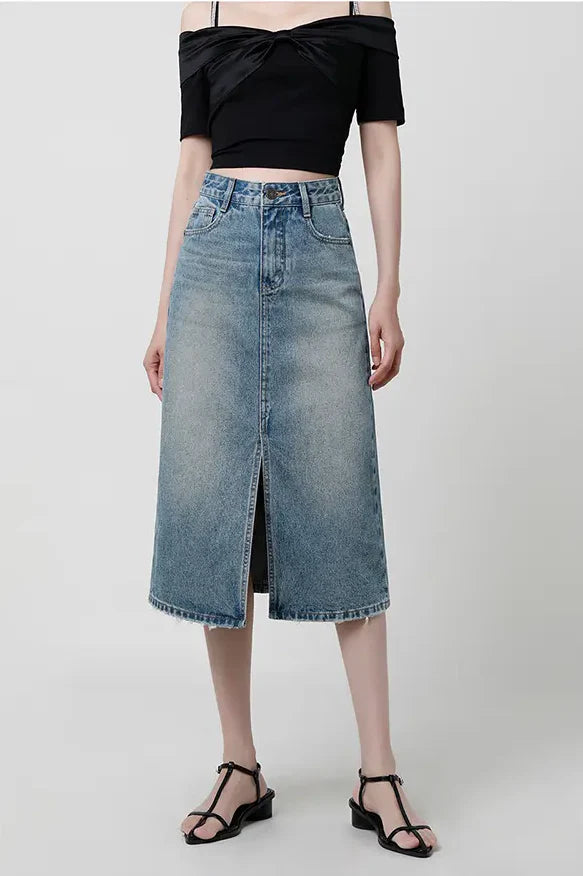 Sofia™ | Gonna in denim a vita alta con spacco