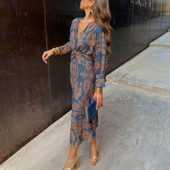 Isadora™ – Abito Midi Elegante con Nodo in Vita e Stampa Artistica