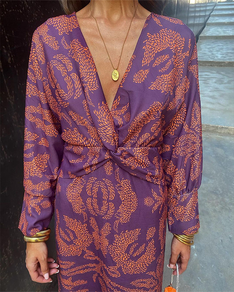Janella - Abito Midi Vintage Drappeggiato a Maniche Lunghe