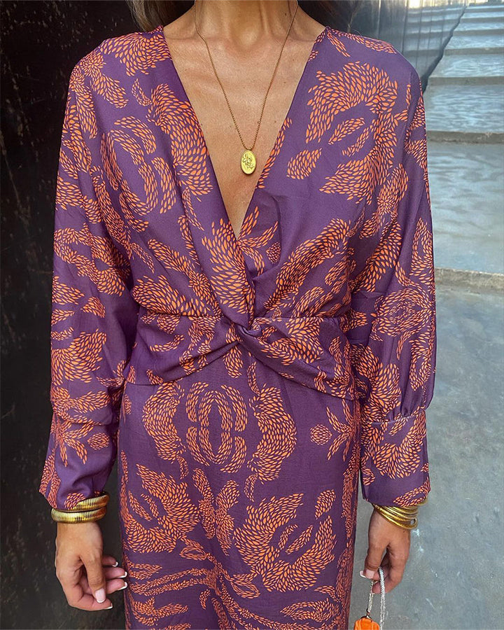 Janella - Abito Midi Vintage Drappeggiato a Maniche Lunghe
