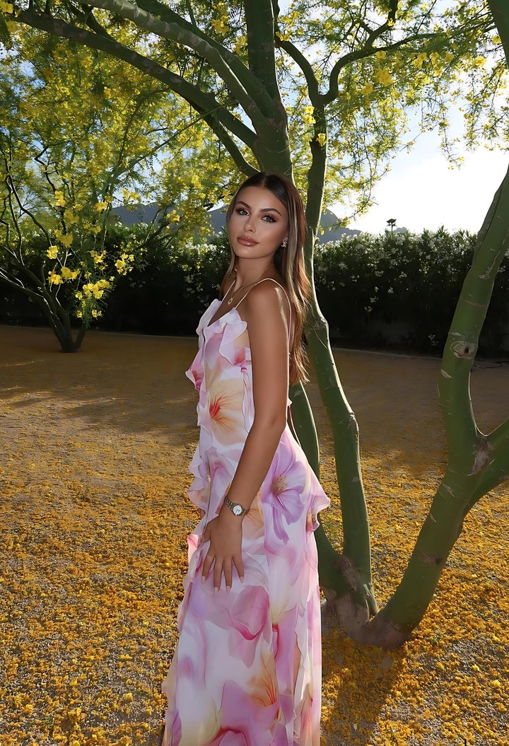 Nylah | Abito Maxi con Rouches Floreali