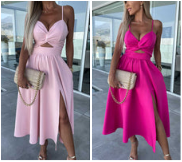 Vanette - Elegante Abito Midi con Spalline e Spacco Frontale
