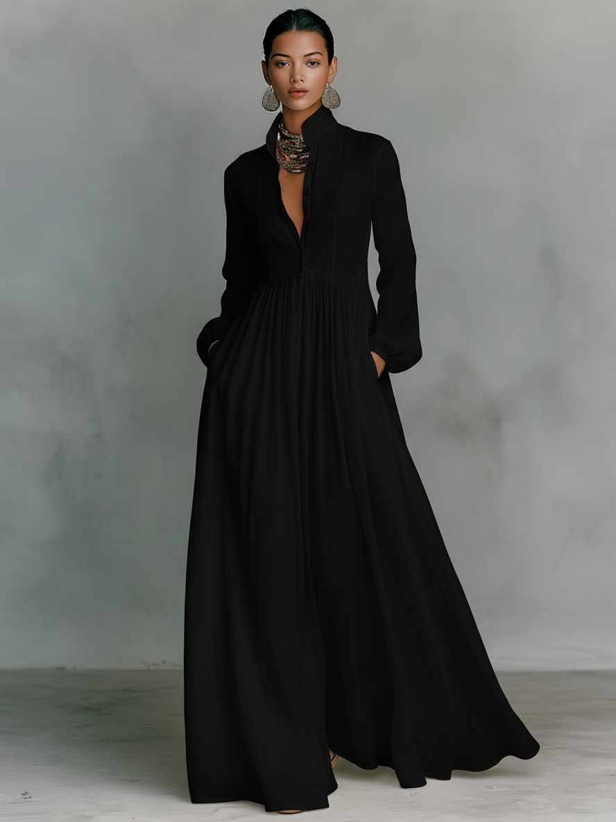 Abito Maxi Minimalista in Cotone e Lino con Pannelli per Donne, Collo Alto, Maniche Lunghe, Abbottonatura Singola MDA0658K6Y