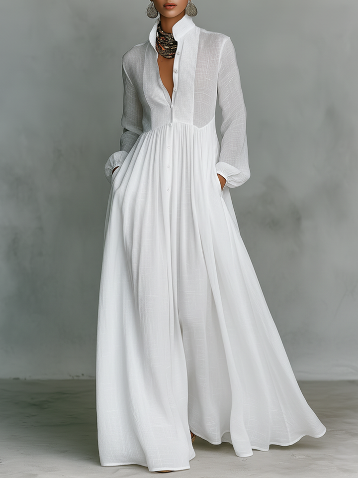 Abito Maxi Minimalista in Cotone e Lino con Pannelli per Donne, Collo Alto, Maniche Lunghe, Abbottonatura Singola MDA0658K6Y