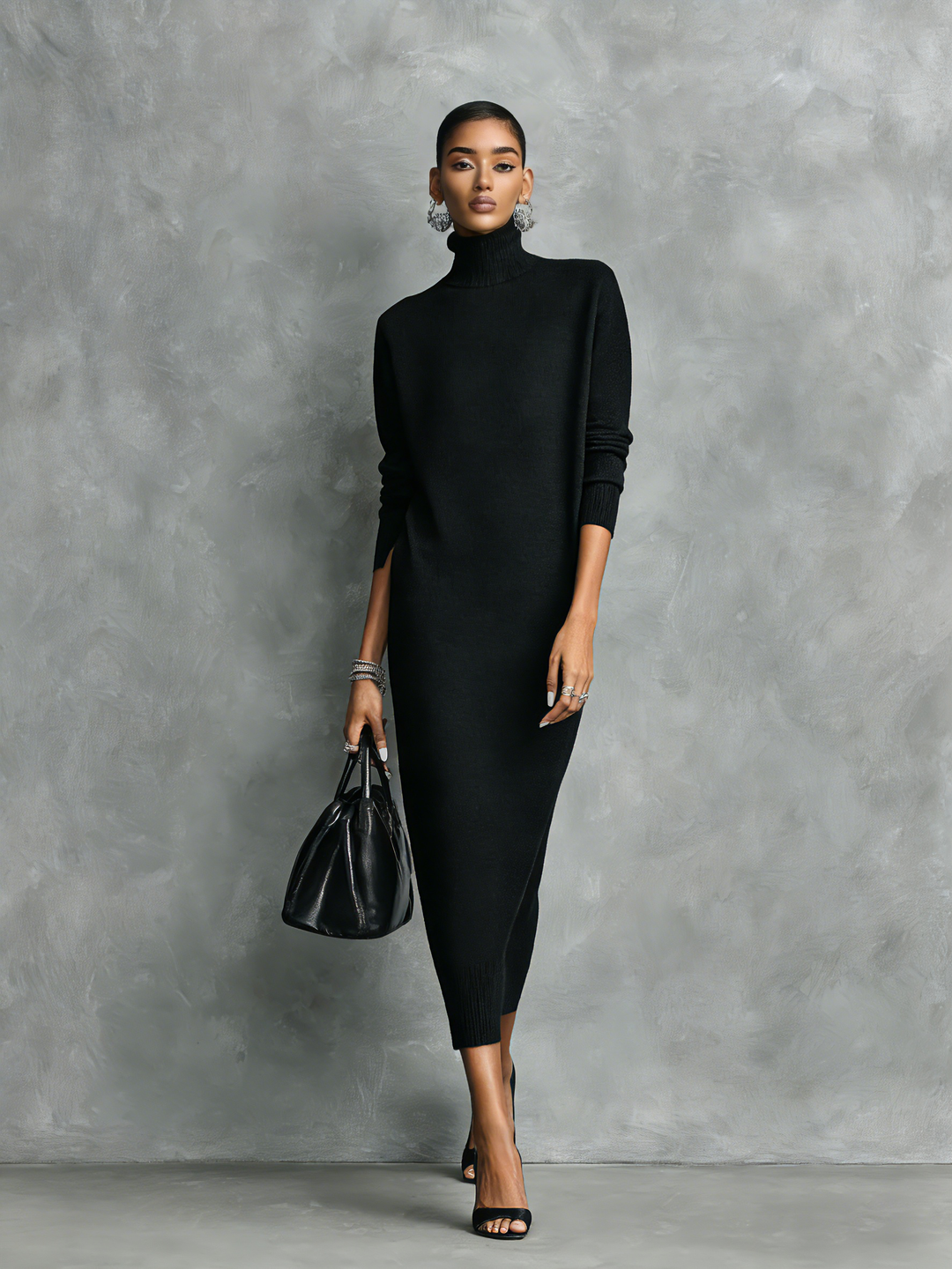 Abito Midi Elegante Nero in Maglia con Collo Alto e Maniche Lunghe, Taglio Largo, Senza Tasche MDA1974L7AN