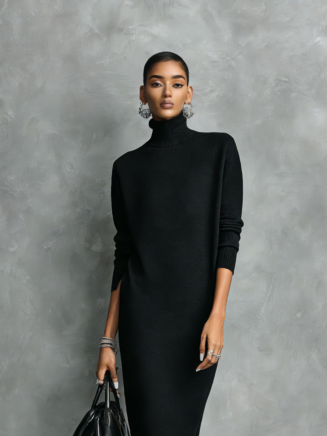 Abito Midi Elegante Nero in Maglia con Collo Alto e Maniche Lunghe, Taglio Largo, Senza Tasche MDA1974L7AN