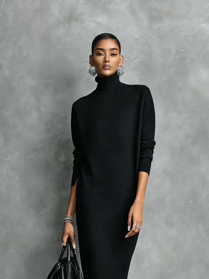 Abito Midi Elegante Nero in Maglia con Collo Alto e Maniche Lunghe, Taglio Largo, Senza Tasche MDA1974L7AN