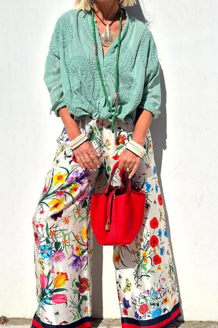 Sofia™ | Pantaloni larghi a vita alta con unica stampa floreale ed elastico