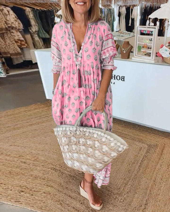 GIULIA | Abito Midi Stampato con Scollo a V e Maniche a Palloncino Eleganti