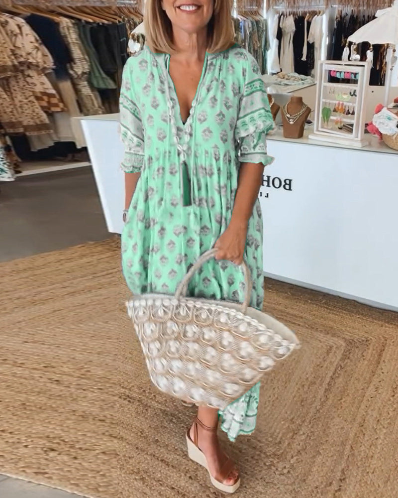 GIULIA | Abito Midi Stampato con Scollo a V e Maniche a Palloncino Eleganti