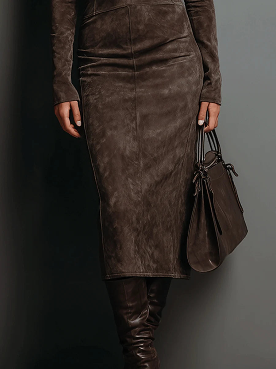 Ilaria - Abito Midi in Suede con Collo Alto e Maniche Lunghe