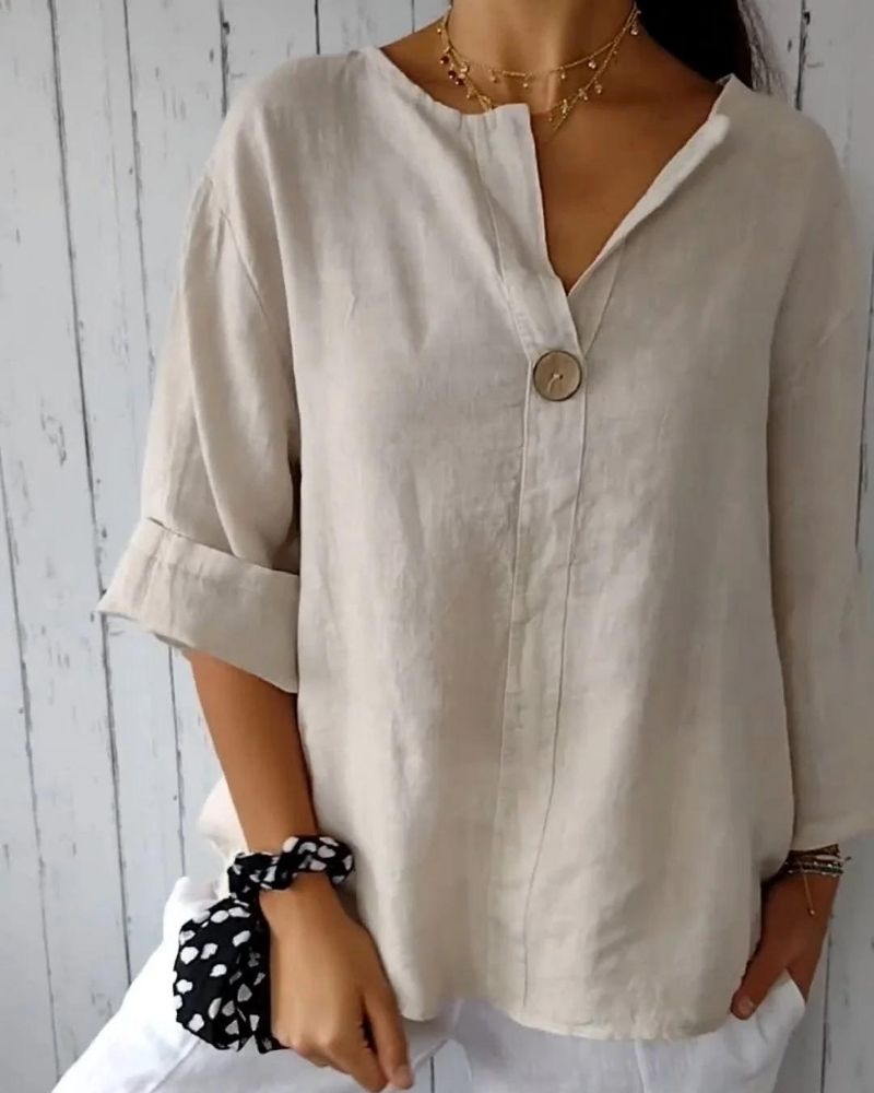 Sofia™ | Elegante top con collo a V e bottoni in cotone e lino