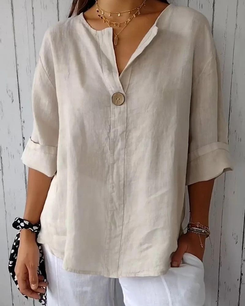 Sofia™ | Elegante top con collo a V e bottoni in cotone e lino