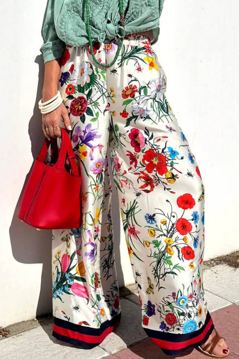 Sofia™ | Pantaloni larghi a vita alta con unica stampa floreale ed elastico