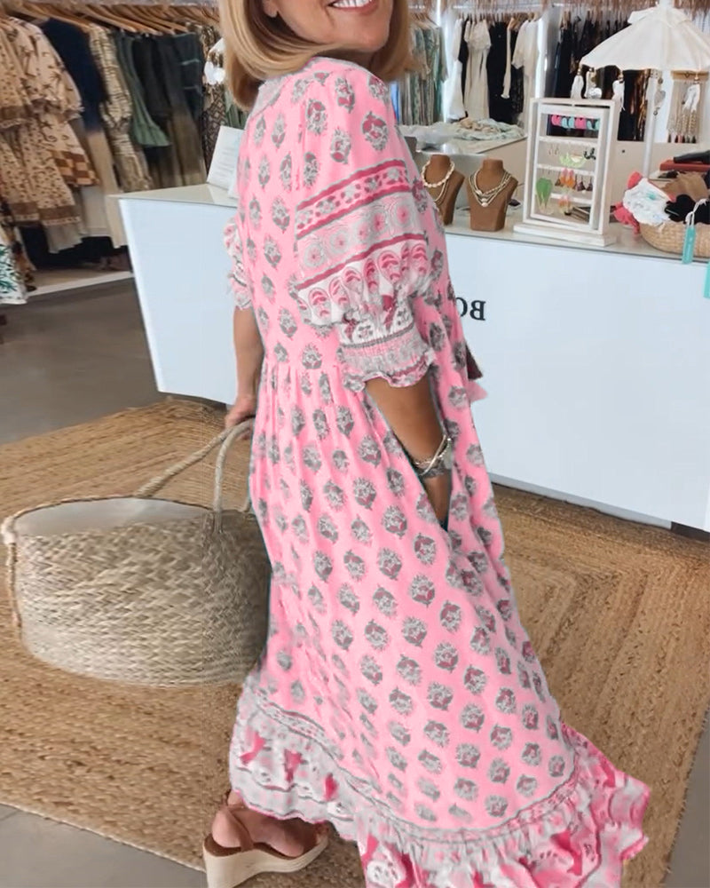 GIULIA | Abito Midi Stampato con Scollo a V e Maniche a Palloncino Eleganti