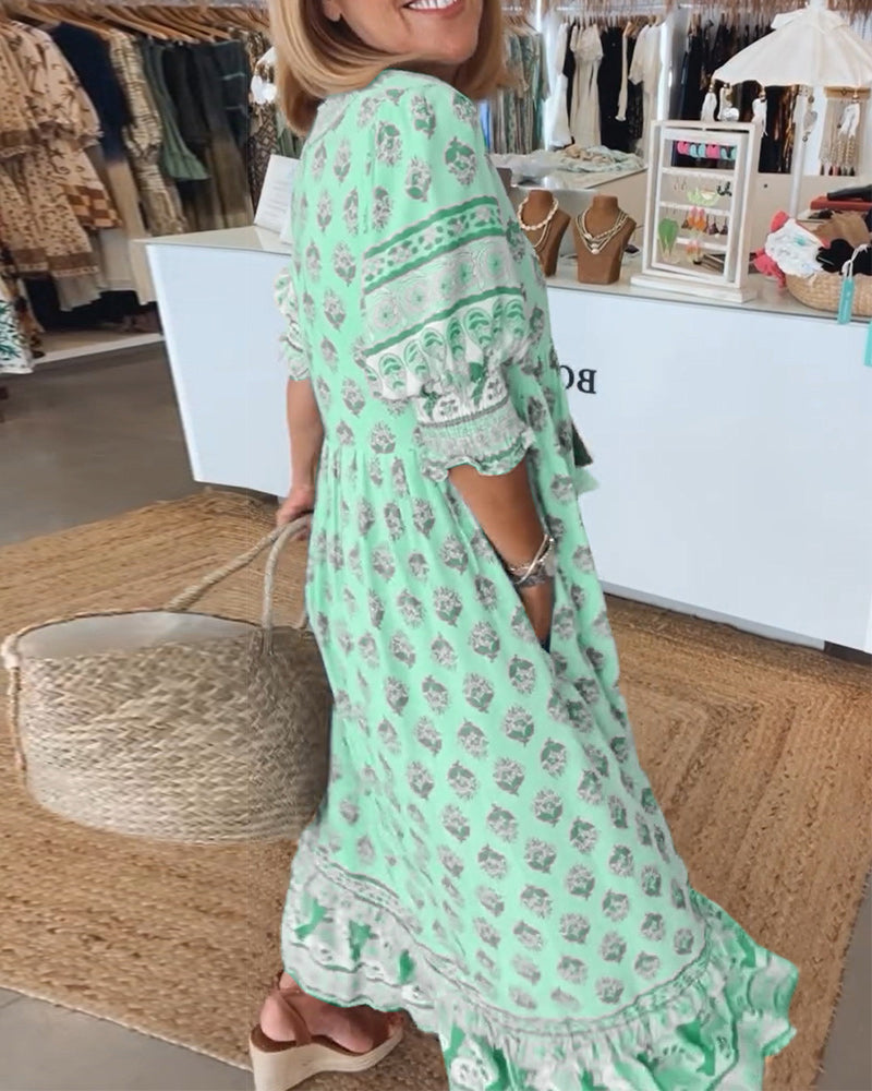 GIULIA | Abito Midi Stampato con Scollo a V e Maniche a Palloncino Eleganti