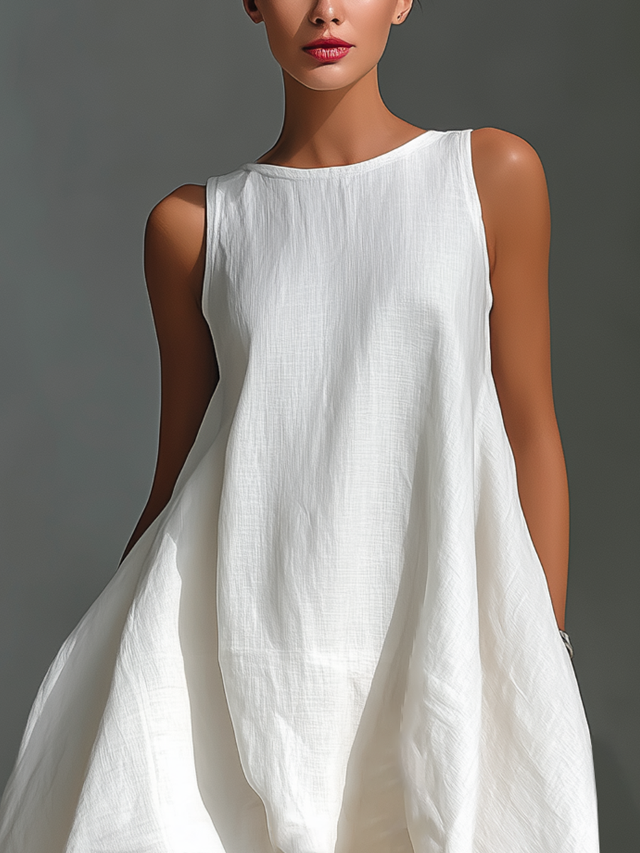 Abito Midi Senza Maniche in Lino Bianco da Donna con Collo Rotondo e Orlo Asimmetrico MDZ0987B9T