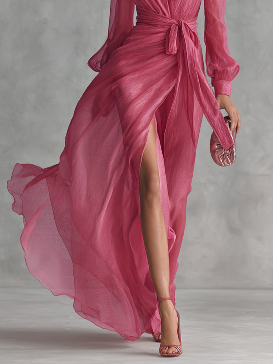 Abito lungo elegante da donna in chiffon rosa perlato con scollo a V e cintura MDZ1925A7BA