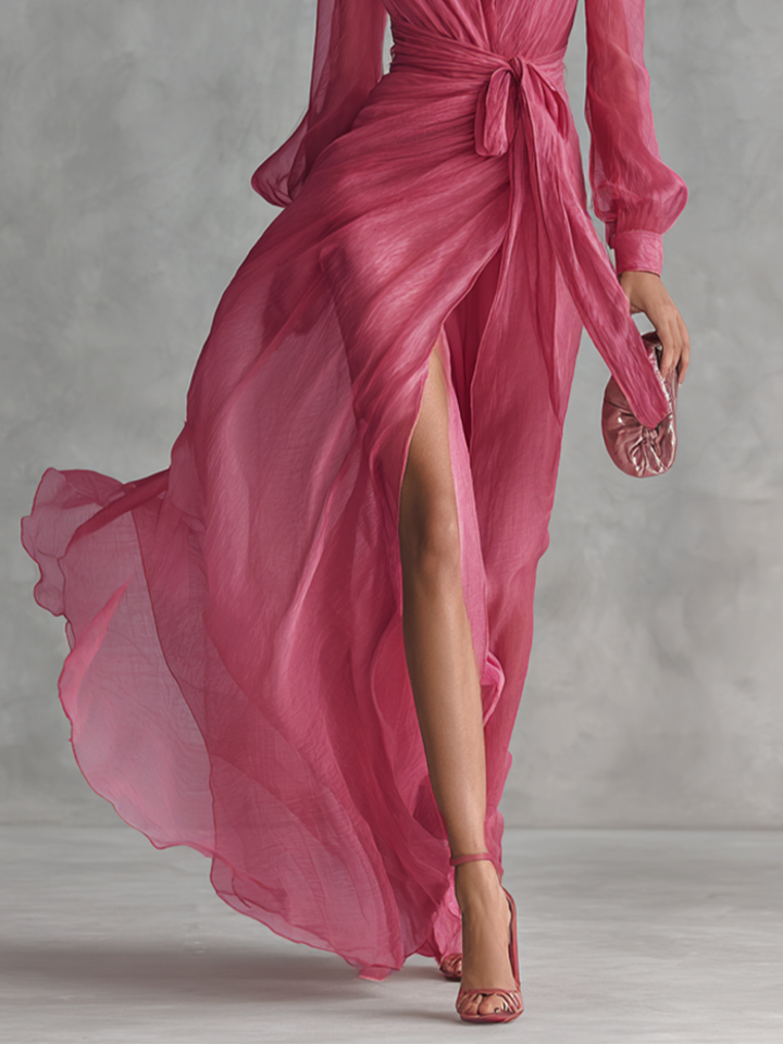 Abito lungo elegante da donna in chiffon rosa perlato con scollo a V e cintura MDZ1925A7BA