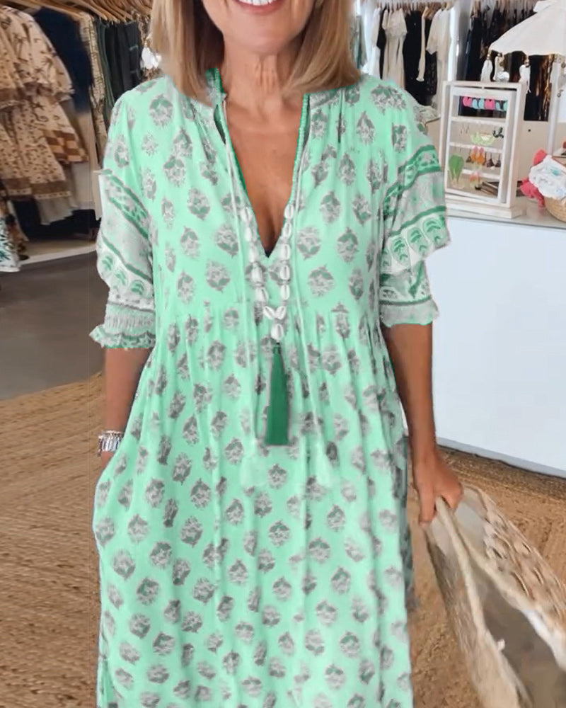 GIULIA | Abito Midi Stampato con Scollo a V e Maniche a Palloncino Eleganti