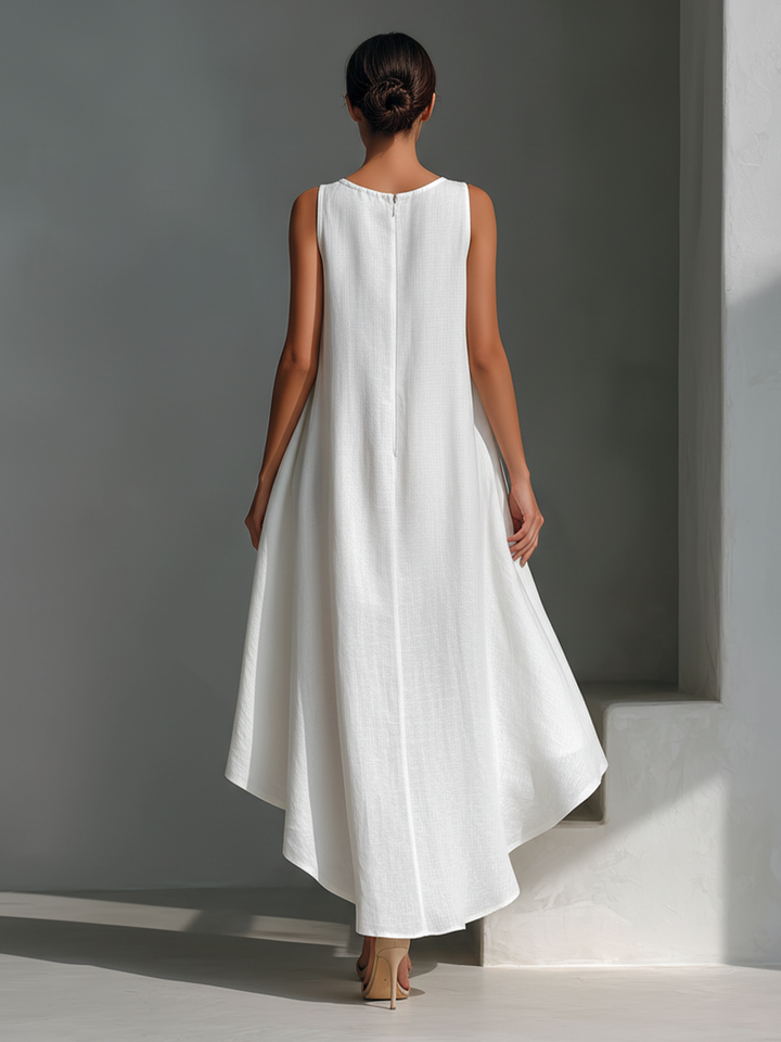 Abito Midi Senza Maniche in Lino Bianco da Donna con Collo Rotondo e Orlo Asimmetrico MDZ0987B9T