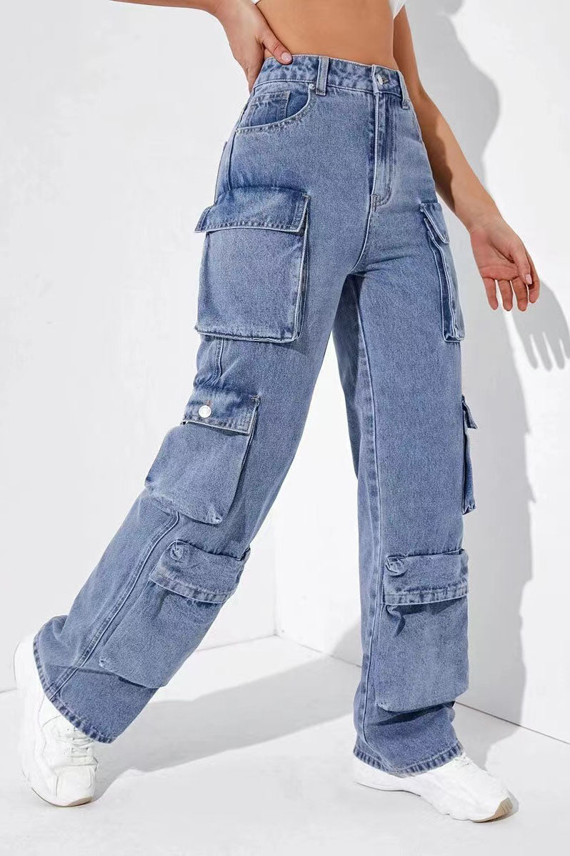 Sofia™ | Pantaloni cargo in denim a vita alta