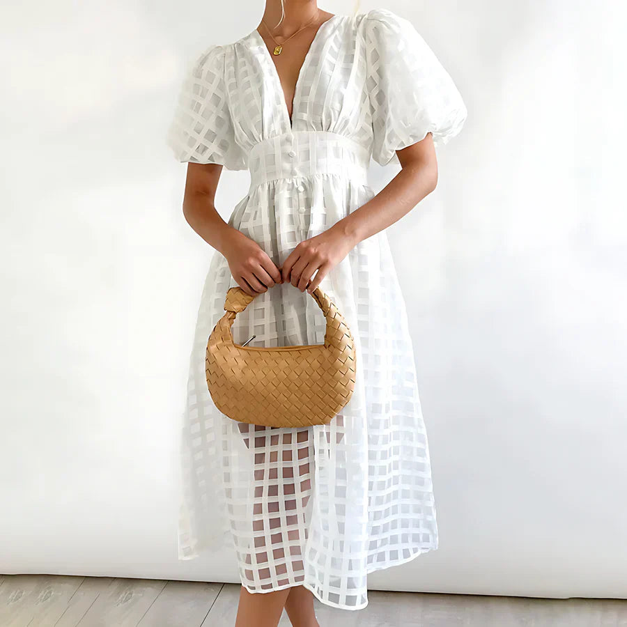 Cindy - Abito Midi con Maniche a Puff a Motivo Classico