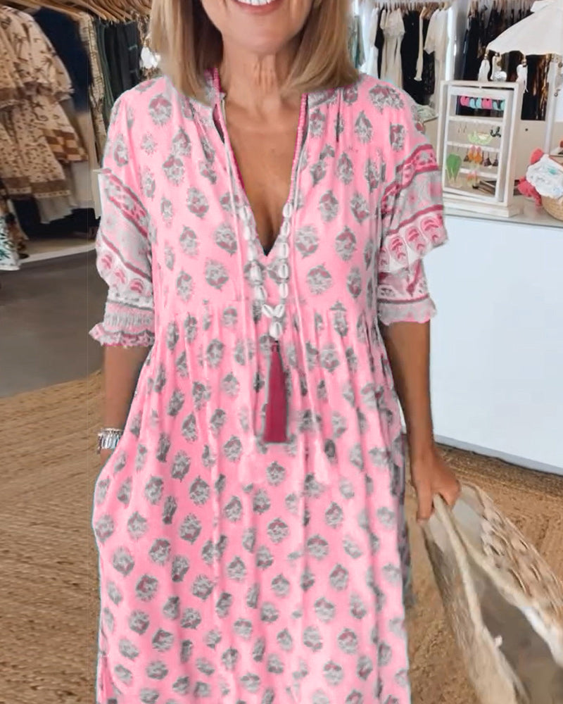 GIULIA | Abito Midi Stampato con Scollo a V e Maniche a Palloncino Eleganti