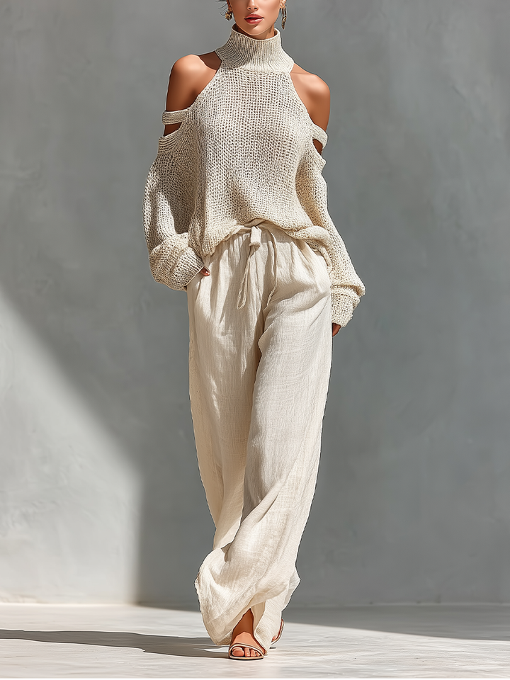 Top a Collo Alto in Maglia Beige con Spalle Scoperte e Pantaloni a Gamba Larga da Donna MDZ0984A5T