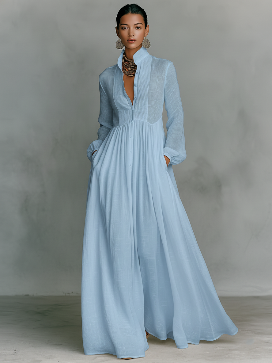 Abito Maxi Minimalista in Cotone e Lino con Pannelli per Donne, Collo Alto, Maniche Lunghe, Abbottonatura Singola MDA0658K6Y