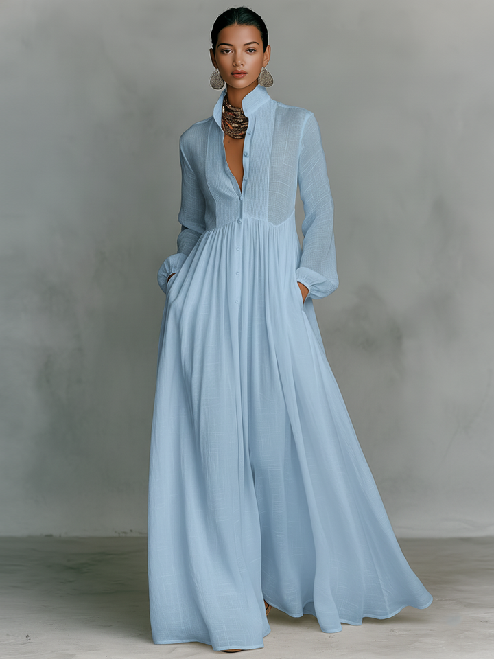 Abito Maxi Minimalista in Cotone e Lino con Pannelli per Donne, Collo Alto, Maniche Lunghe, Abbottonatura Singola MDA0658K6Y